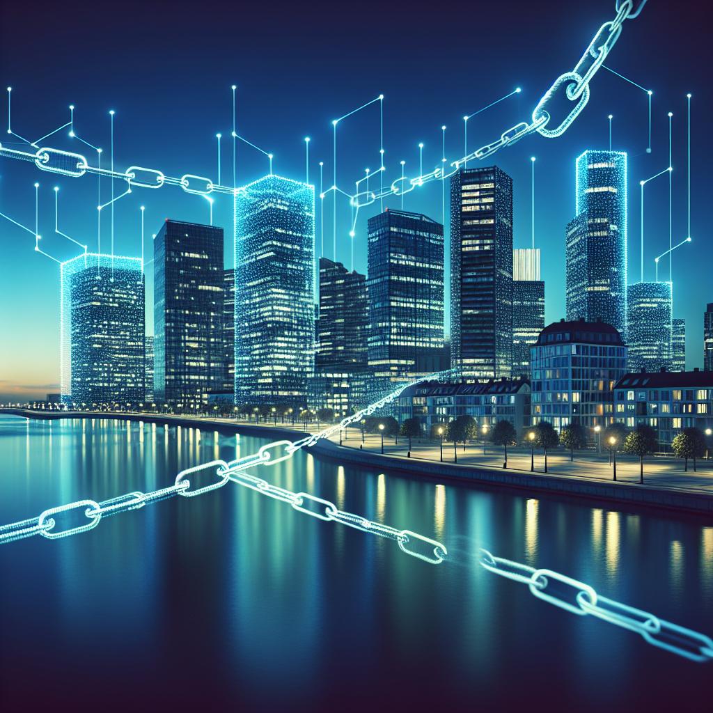 A modern Scandinavian city skyline at dusk overlaid with stylized digital chain links and glowing link icons, representing backlink building and SEO strategy; clean flat design with cool blue tones.
