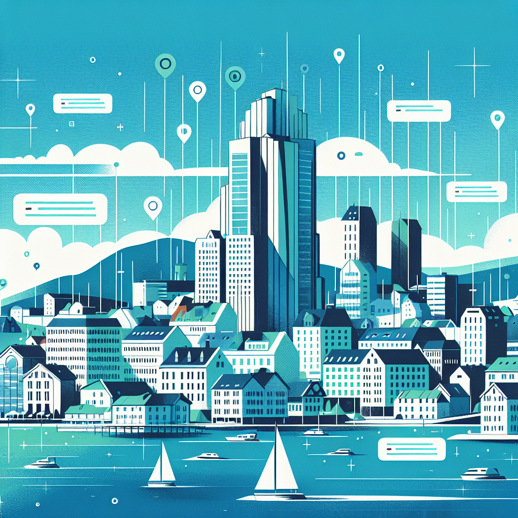 A modern, clean illustration of Norwegian coastal city skyline with floating JSON-LD code snippets and schema.org icons, emphasizing local SEO and structured data concepts