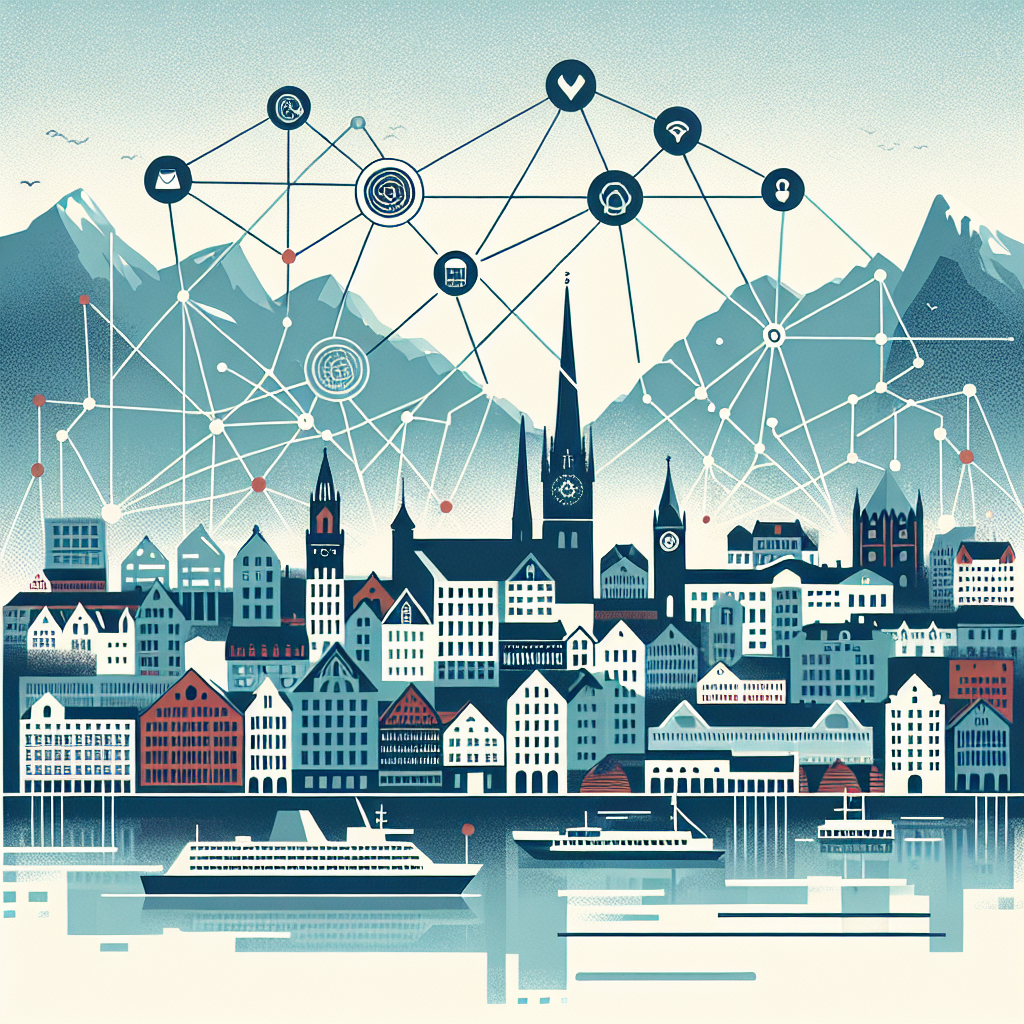 A modern, clean illustration of Norwegian coastal city skyline with digital link nodes and reputation icons connecting websites, in muted blue and red tones