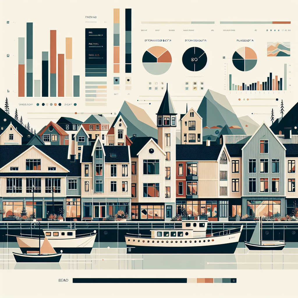 A clean, modern illustration of a Norwegian coastal town with website UI overlays: SEO metrics, structured data icons, and page elements, in cool Nordic colors