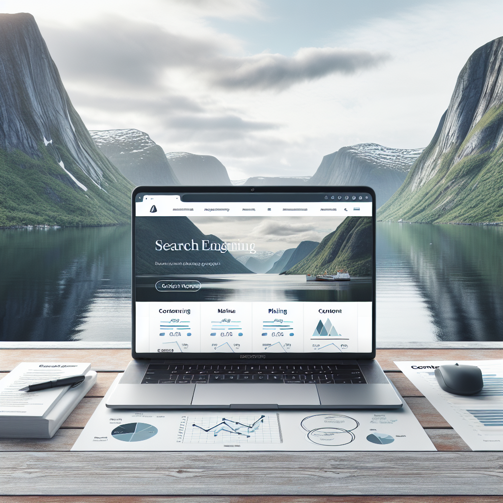 A modern Norwegian Shopify storefront interface on a laptop with Norwegian fjord background, showing SEO analytics overlays and content planning notes, clean minimal style