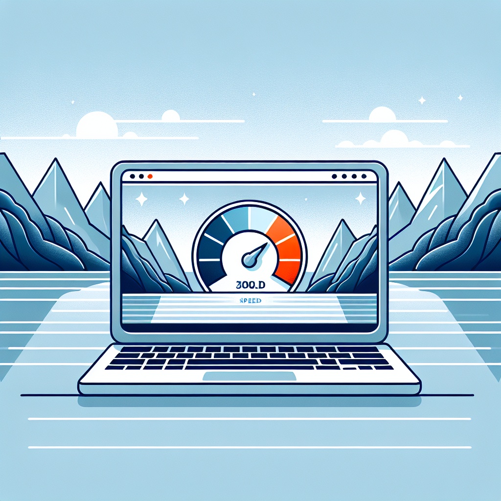 Minimalist Scandinavian-style illustration of a laptop displaying a fast-loading website, speedometer icon, fjord background, clean blue and white color palette