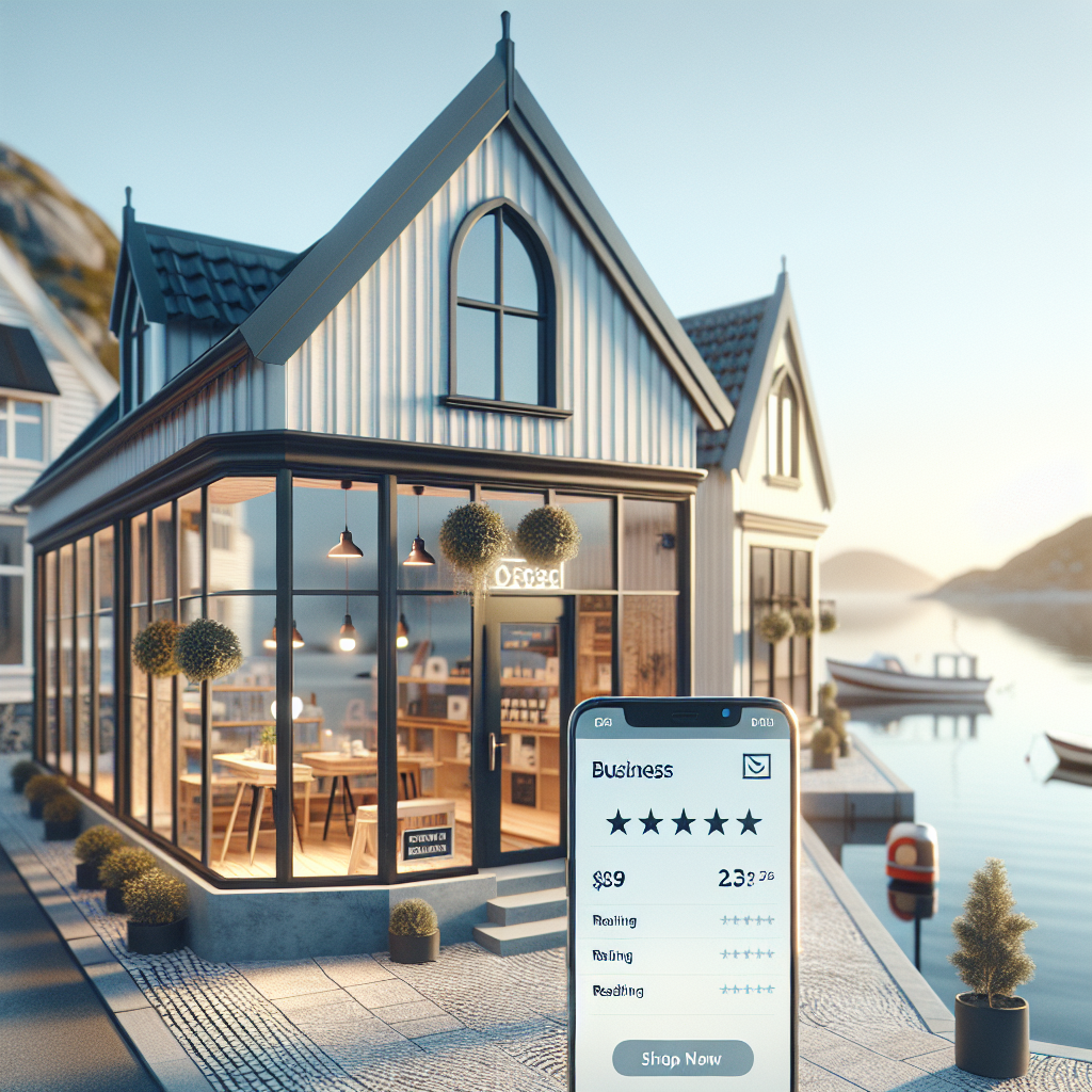 A modern storefront in Norway with a visible Google Business Profile on a smartphone screen, clear signage, and Norwegian coastal architecture in soft daylight