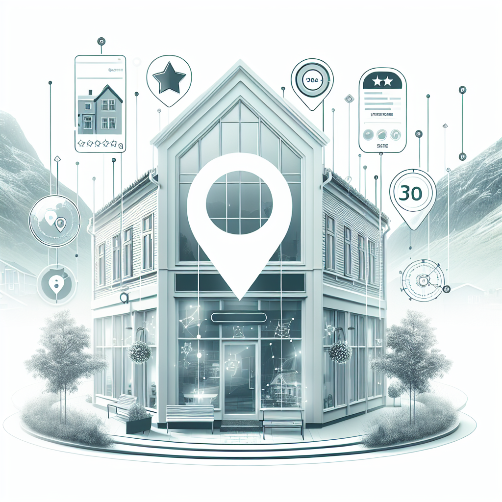 A modern Norwegian storefront with Google Business Profile elements overlay: map pin, 5-star review icons, and local SEO analytics visual, bright Nordic aesthetic