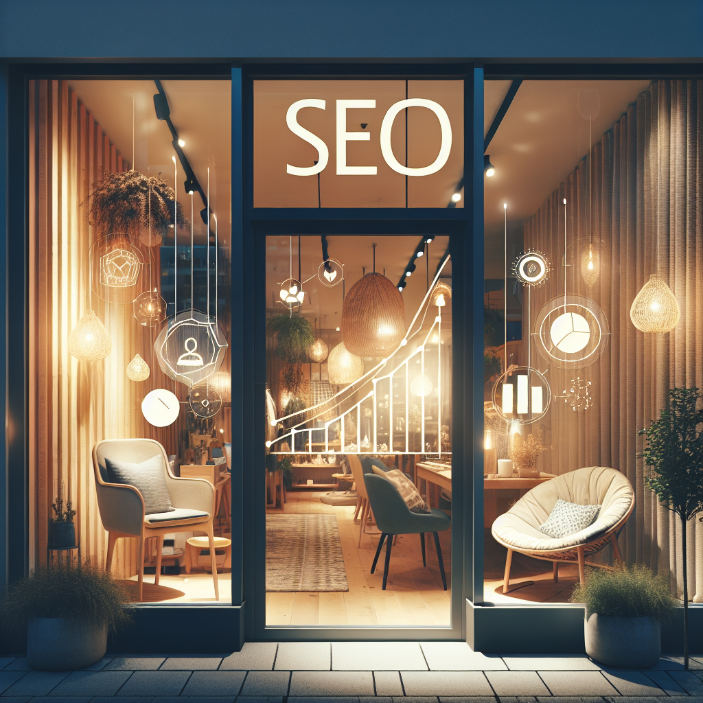 A modern Norwegian boutique storefront with warm lighting, tasteful Scandinavian home goods in the window, and subtle SEO/analytics overlays representing organic growth