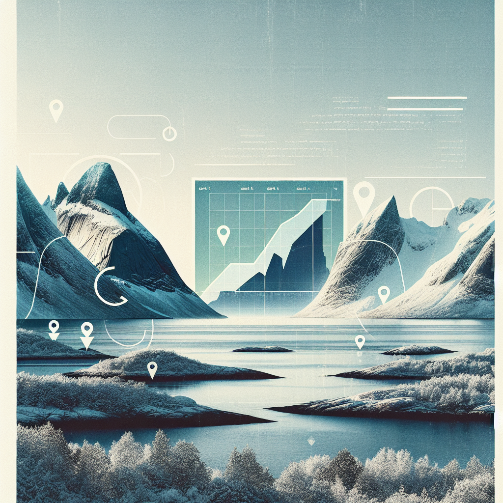 A modern Norwegian coastal landscape blended with digital SEO icons (graphs, location pins, code brackets), clean minimalist style, cool Nordic colors, high-resolution